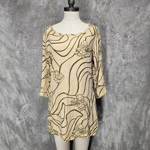 Living Hula Tunic Dress Womens S Beige Floral Rayon 3/4 Sleeve Pockets Stretch‎